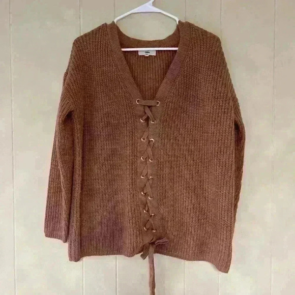 Entro Anthropologie Brown Cable Knit Lace Front V Neck Sweater Size M - Picture 6 of 10